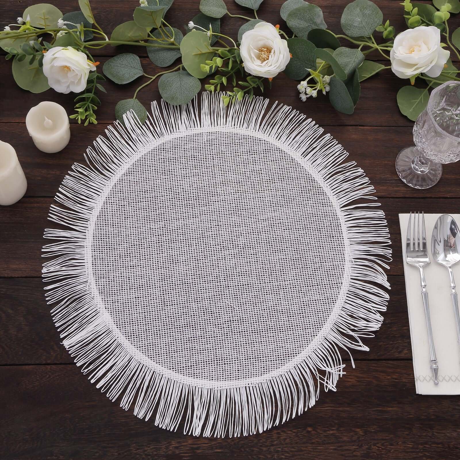 4 - Pack Placemats Fringe Edge Design White Jute Round - Rustic Boho Chic Burlap Table Decor 16" - Bell Racket Store