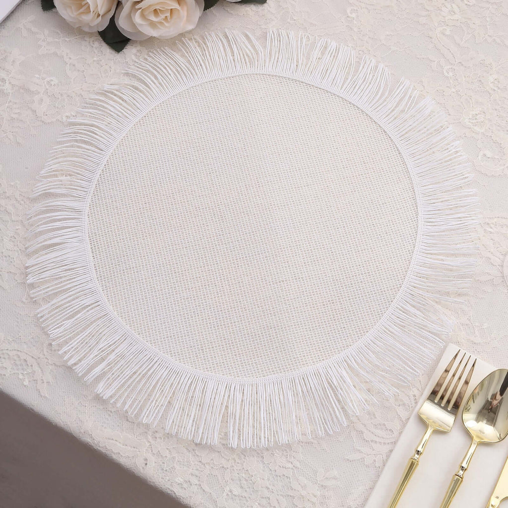 4 - Pack Placemats Fringe Edge Design White Jute Round - Rustic Boho Chic Burlap Table Decor 16" - Bell Racket Store