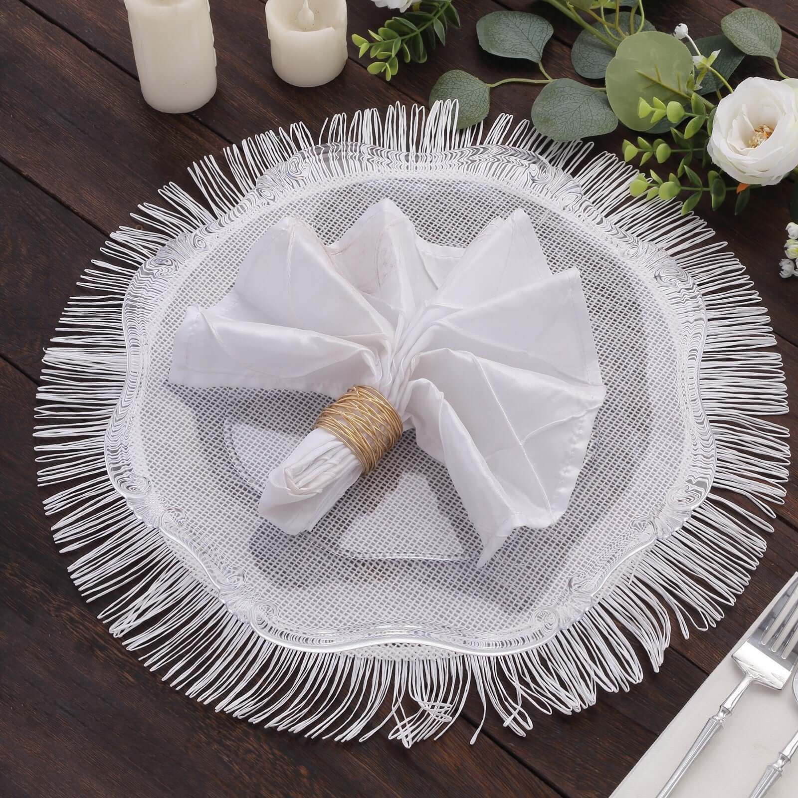 4 - Pack Placemats Fringe Edge Design White Jute Round - Rustic Boho Chic Burlap Table Decor 16" - Bell Racket Store