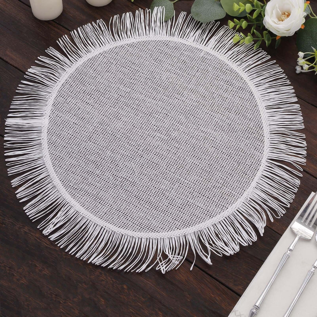 4 - Pack Placemats Fringe Edge Design White Jute Round - Rustic Boho Chic Burlap Table Decor 16" - Bell Racket Store