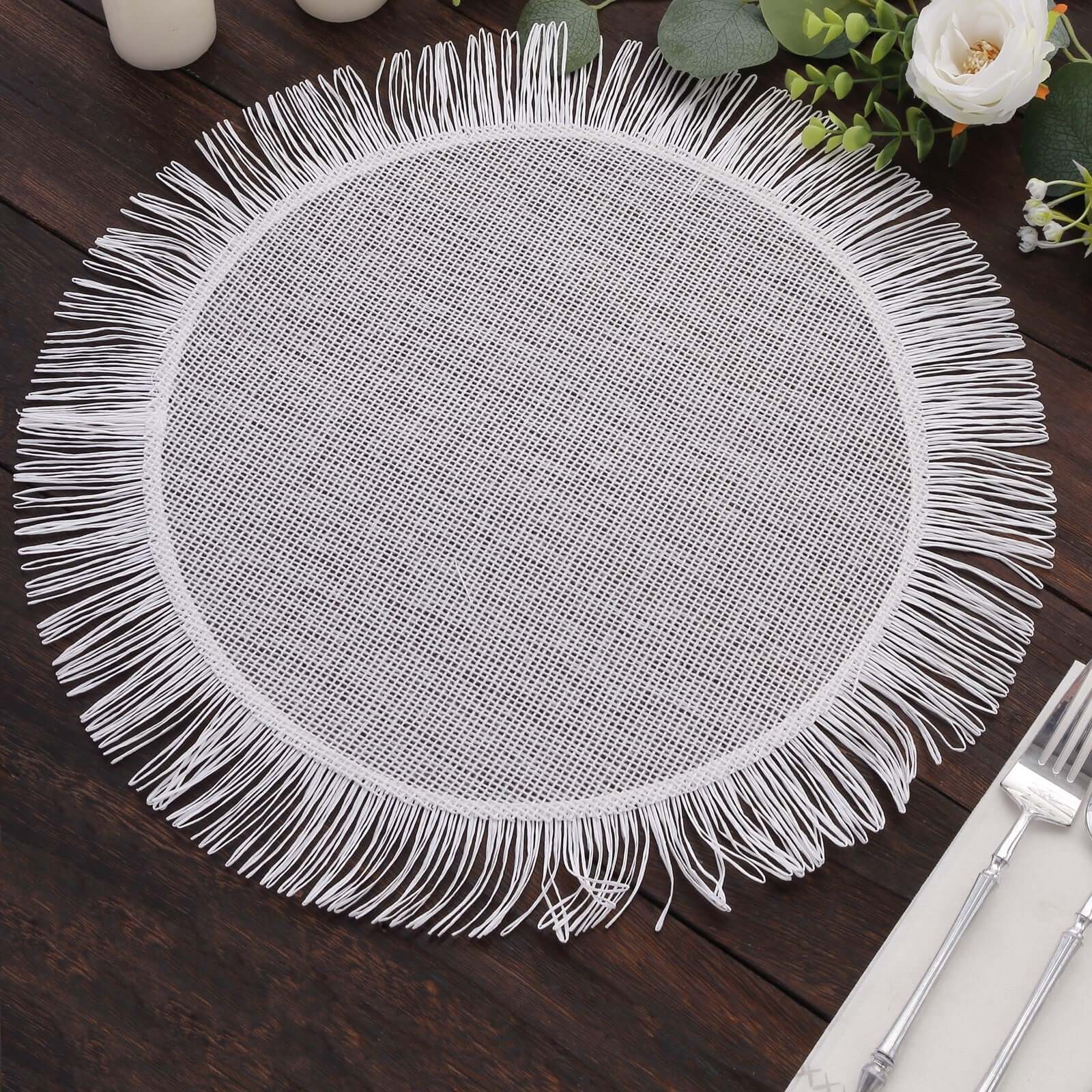4 - Pack Placemats Fringe Edge Design White Jute Round - Rustic Boho Chic Burlap Table Decor 16" - Bell Racket Store