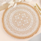 4 - Pack Placemats Fringe Print Design Natural Jute and White Round - Rustic Burlap Woven Style 15" - Bell Racket Store