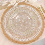 4 - Pack Placemats Fringe Print Design Natural Jute and White Round - Rustic Burlap Woven Style 15" - Bell Racket Store