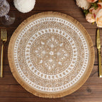 4 - Pack Placemats Fringe Print Design Natural Jute and White Round - Rustic Burlap Woven Style 15" - Bell Racket Store