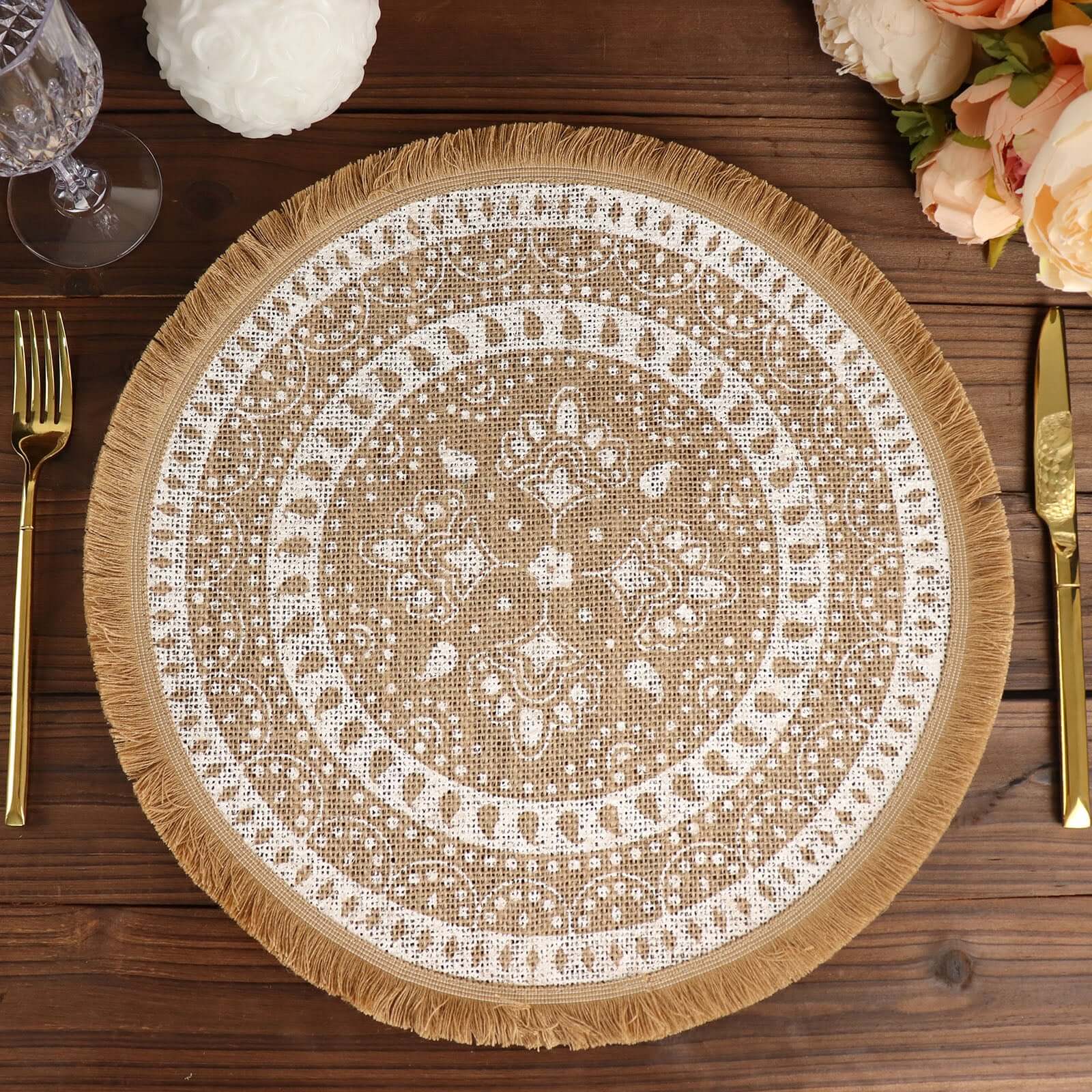 4 - Pack Placemats Fringe Print Design Natural Jute and White Round - Rustic Burlap Woven Style 15" - Bell Racket Store
