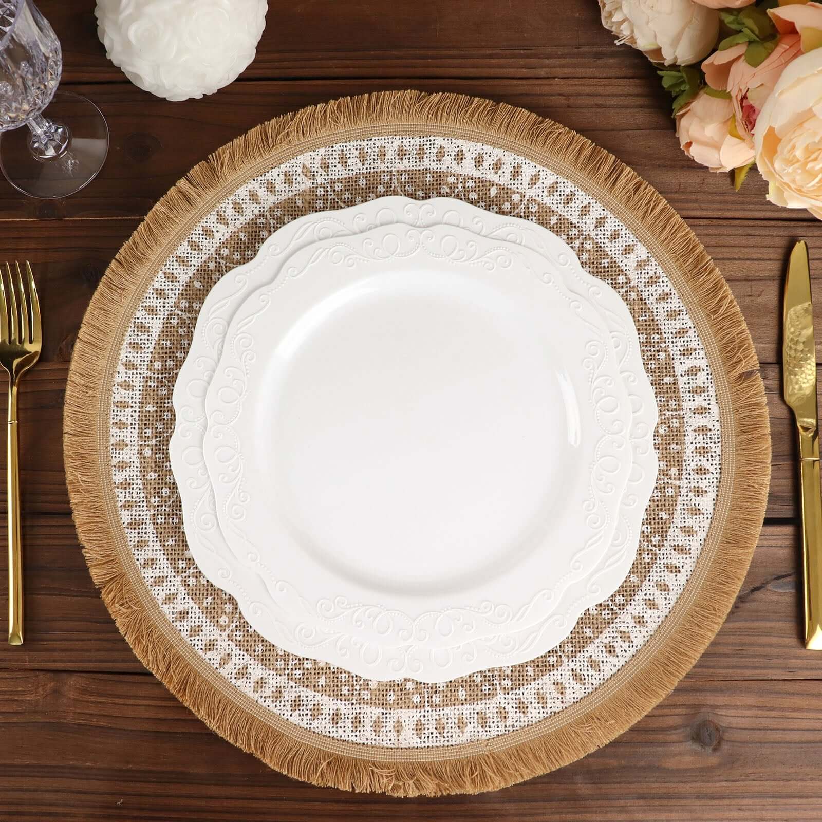 4 - Pack Placemats Fringe Print Design Natural Jute and White Round - Rustic Burlap Woven Style 15" - Bell Racket Store