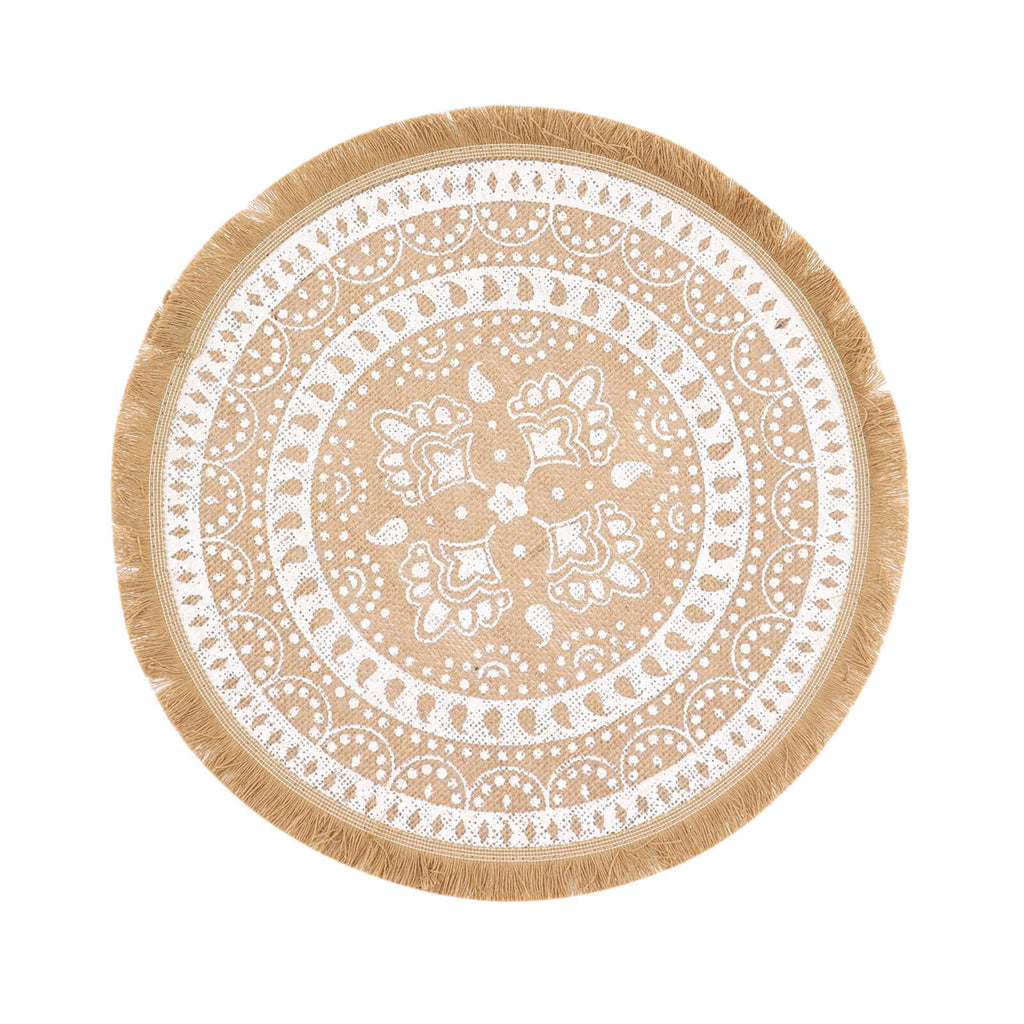 4 - Pack Placemats Fringe Print Design Natural Jute and White Round - Rustic Burlap Woven Style 15" - Bell Racket Store