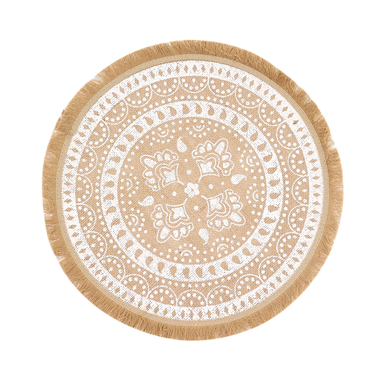 4 - Pack Placemats Fringe Print Design Natural Jute and White Round - Rustic Burlap Woven Style 15" - Bell Racket Store