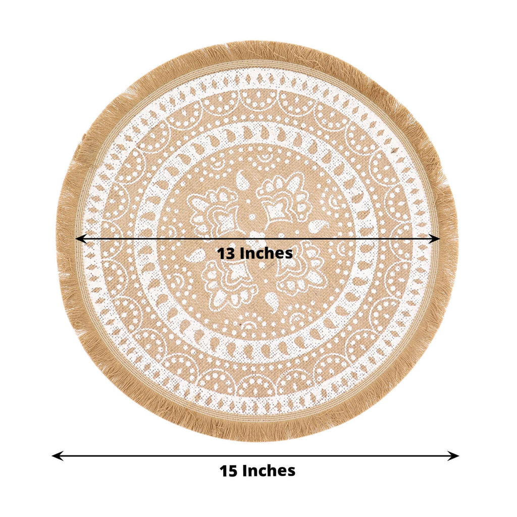 4 - Pack Placemats Fringe Print Design Natural Jute and White Round - Rustic Burlap Woven Style 15" - Bell Racket Store