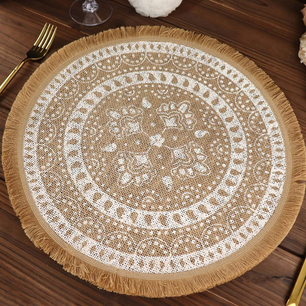 4 - Pack Placemats Fringe Print Design Natural Jute and White Round - Rustic Burlap Woven Style 15" - Bell Racket Store