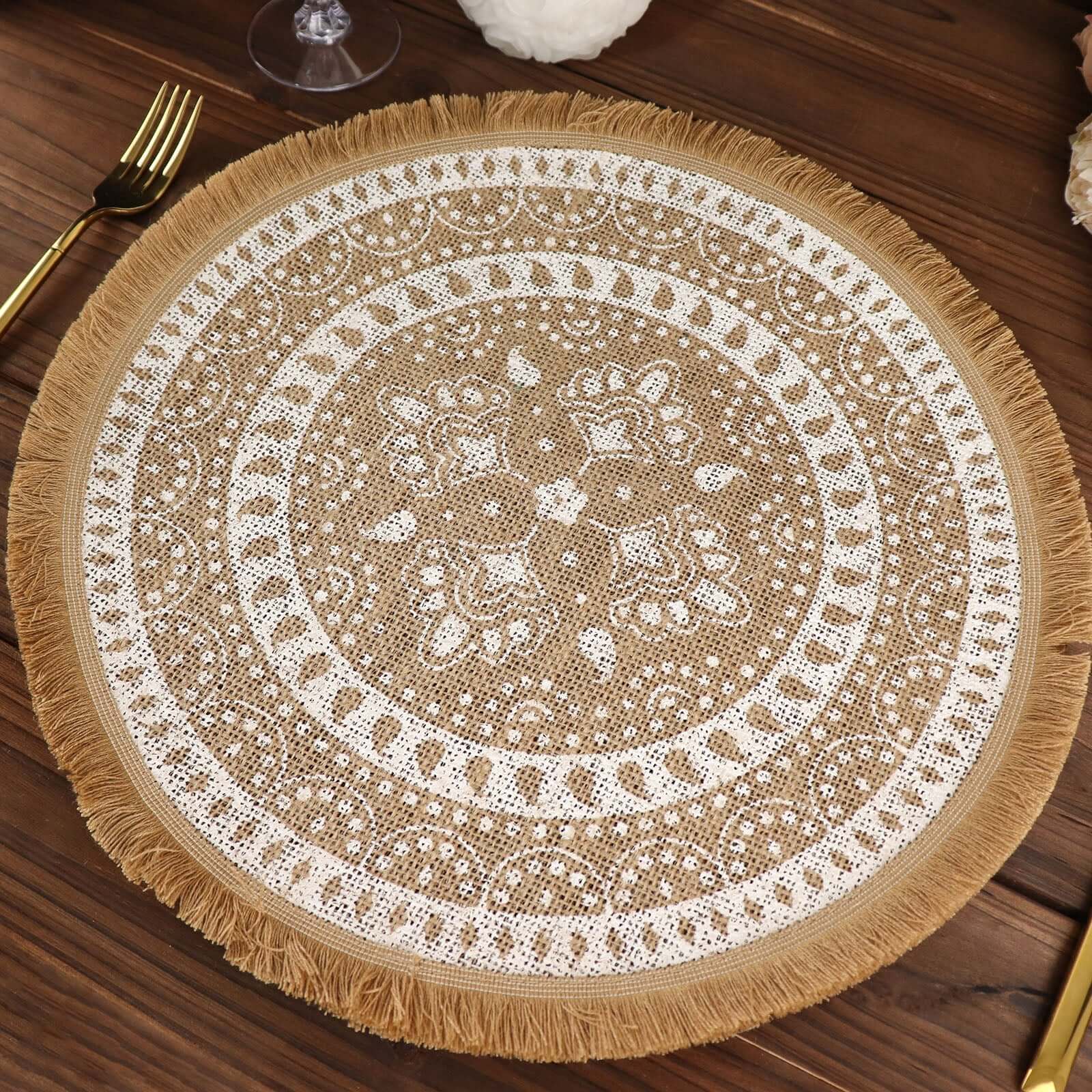 4 - Pack Placemats Fringe Print Design Natural Jute and White Round - Rustic Burlap Woven Style 15" - Bell Racket Store