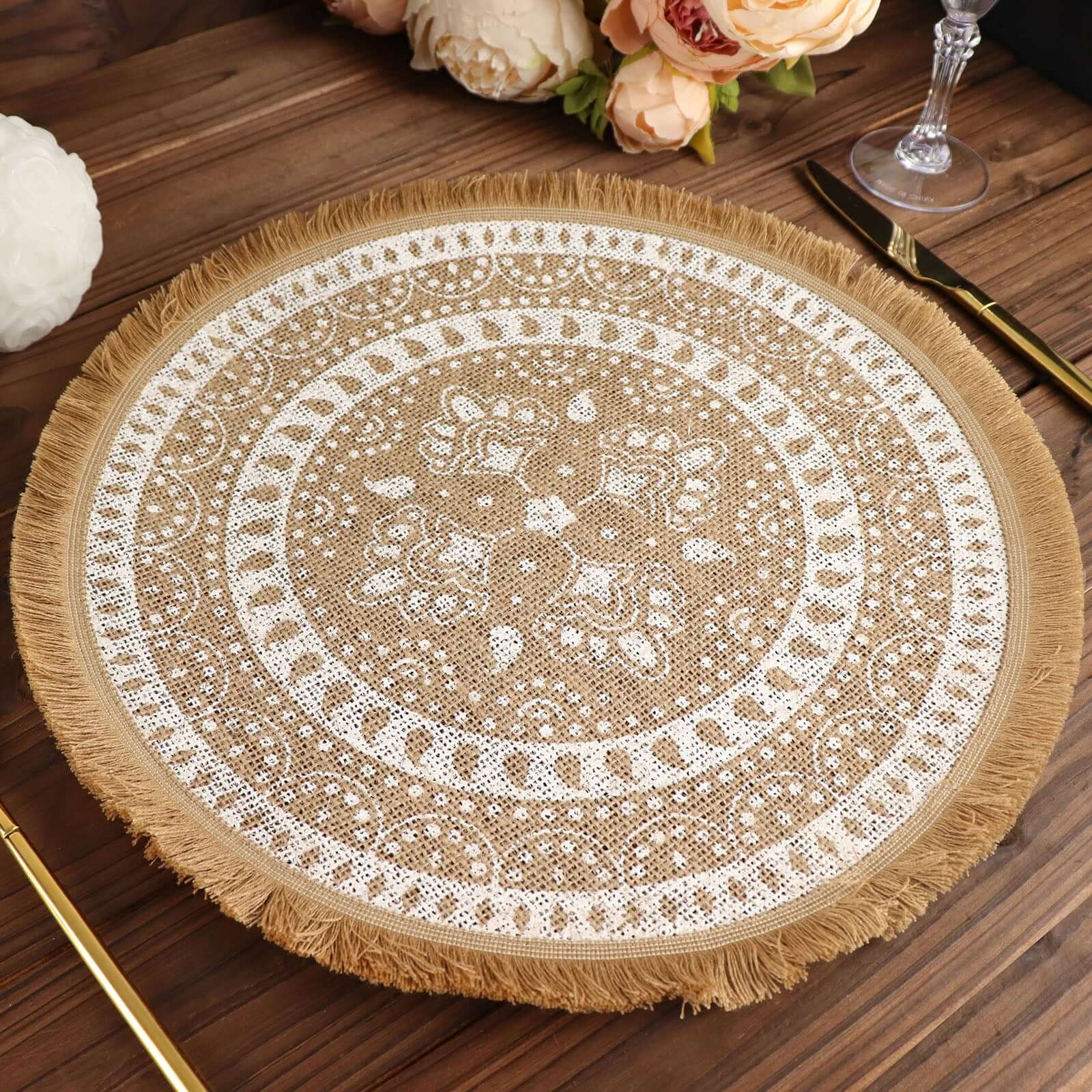 4 - Pack Placemats Fringe Print Design Natural Jute and White Round - Rustic Burlap Woven Style 15" - Bell Racket Store