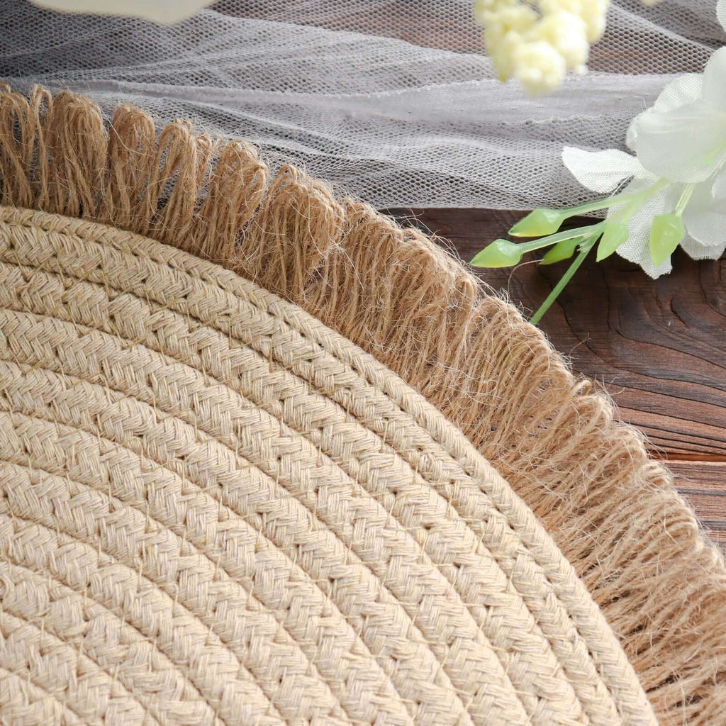 4 - Pack Placemats Fringed Edge Design Natural Rustic Burlap Jute Round - Farmhouse Style Table Mats with Trim 15" - Bell Racket Store