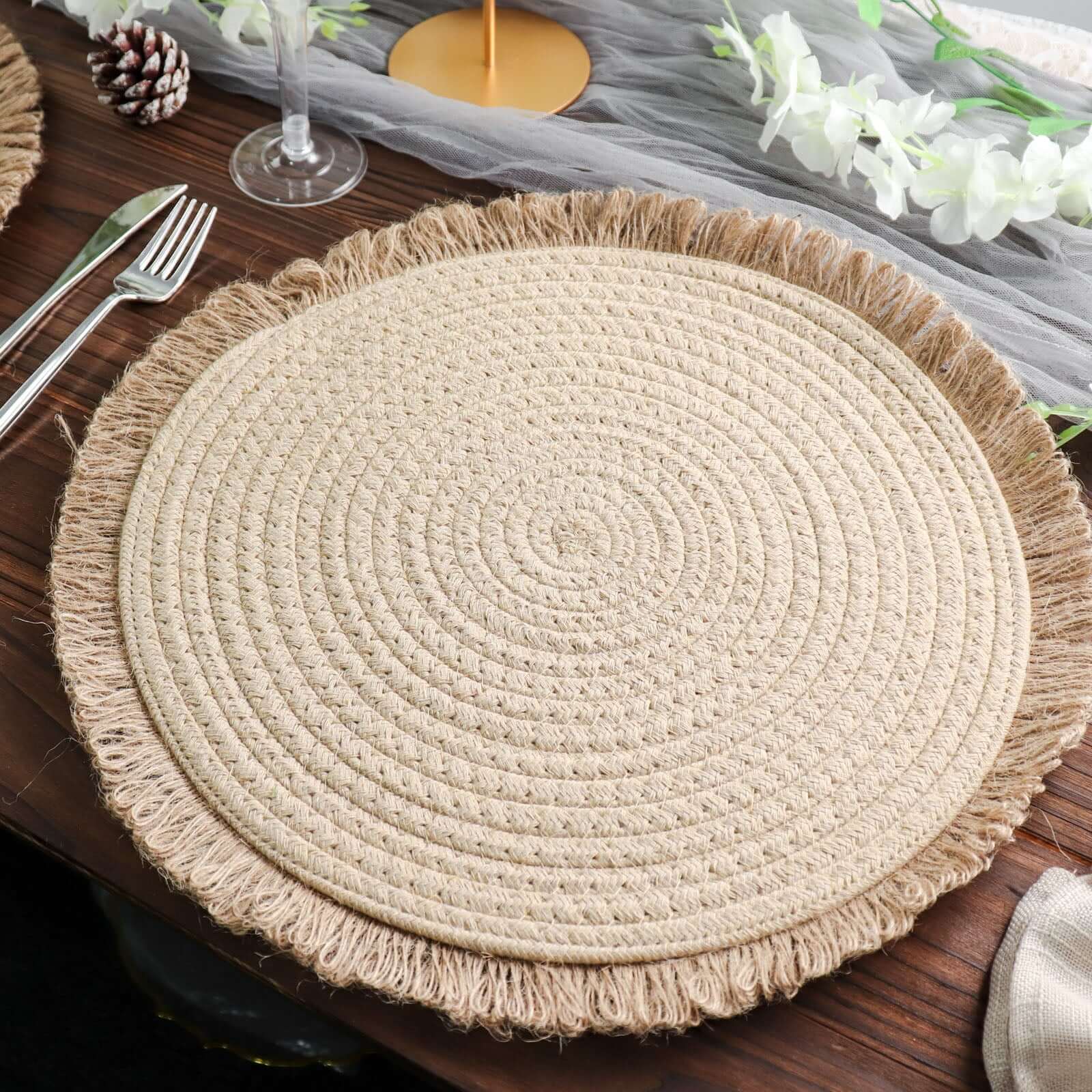 4 - Pack Placemats Fringed Edge Design Natural Rustic Burlap Jute Round - Farmhouse Style Table Mats with Trim 15" - Bell Racket Store