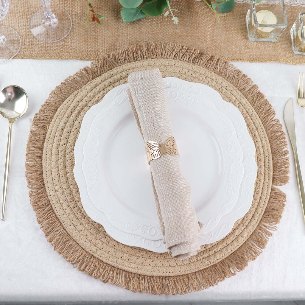 4 - Pack Placemats Fringed Edge Design Natural Rustic Burlap Jute Round - Farmhouse Style Table Mats with Trim 15" - Bell Racket Store