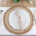 4 - Pack Placemats Fringed Edge Design Natural Rustic Burlap Jute Round - Farmhouse Style Table Mats with Trim 15" - Bell Racket Store
