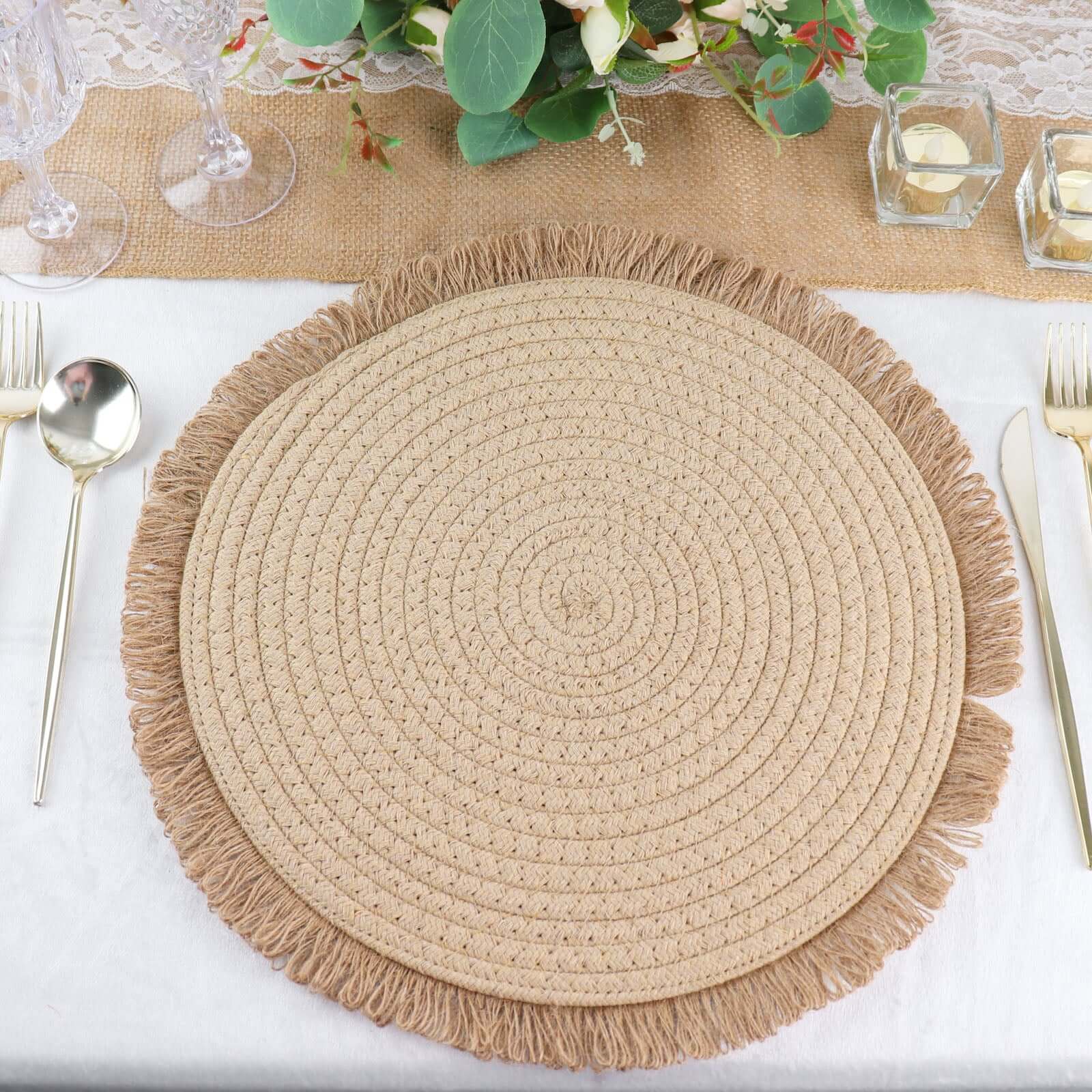4 - Pack Placemats Fringed Edge Design Natural Rustic Burlap Jute Round - Farmhouse Style Table Mats with Trim 15" - Bell Racket Store