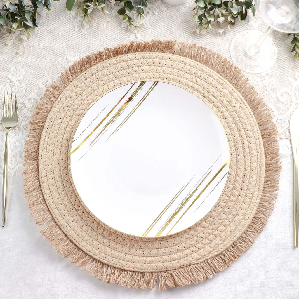 4 - Pack Placemats Fringed Edge Design Natural Rustic Burlap Jute Round - Farmhouse Style Table Mats with Trim 15" - Bell Racket Store
