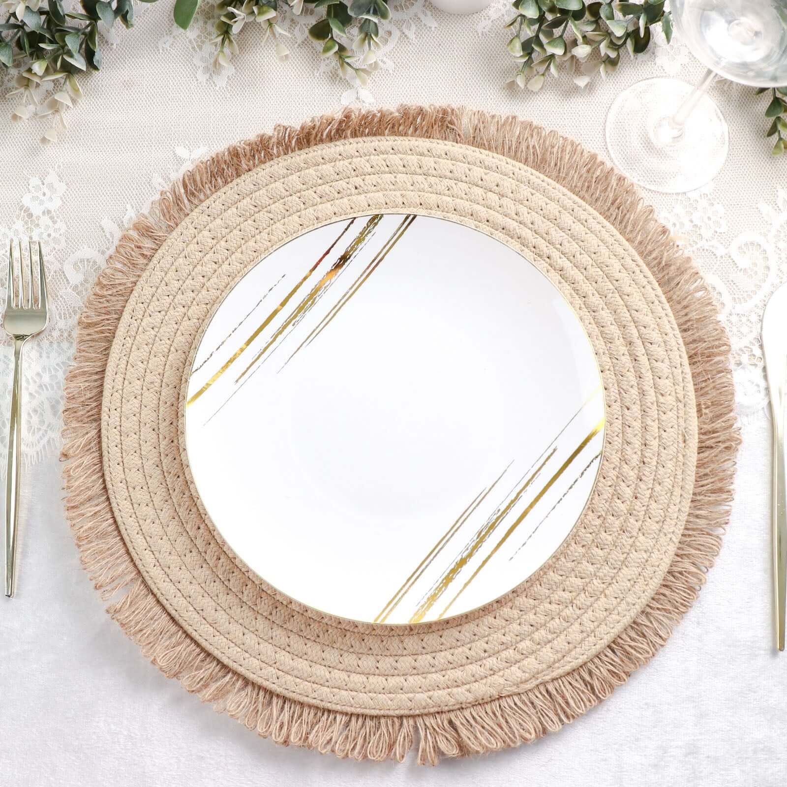 4 - Pack Placemats Fringed Edge Design Natural Rustic Burlap Jute Round - Farmhouse Style Table Mats with Trim 15" - Bell Racket Store