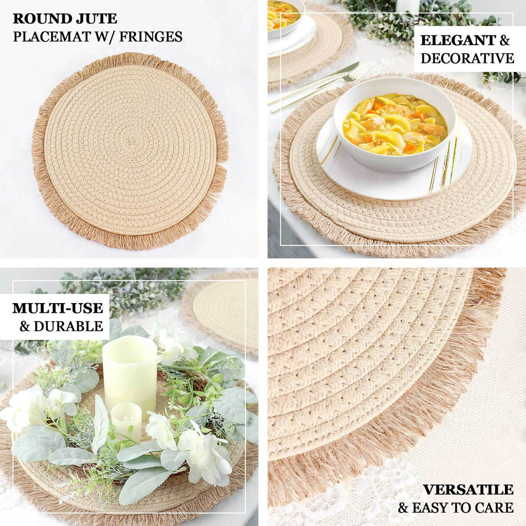 4 - Pack Placemats Fringed Edge Design Natural Rustic Burlap Jute Round - Farmhouse Style Table Mats with Trim 15" - Bell Racket Store