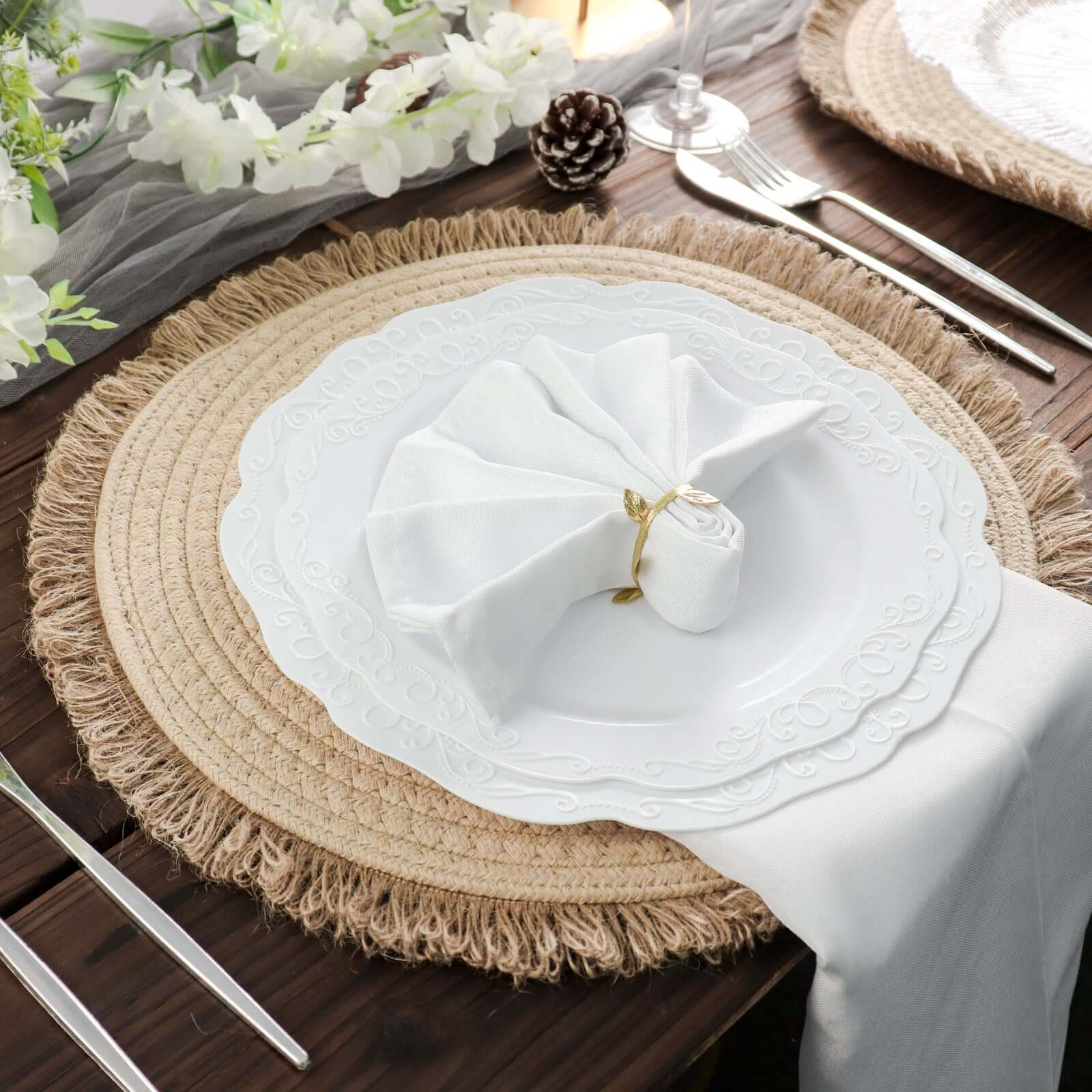 4 - Pack Placemats Fringed Edge Design Natural Rustic Burlap Jute Round - Farmhouse Style Table Mats with Trim 15" - Bell Racket Store