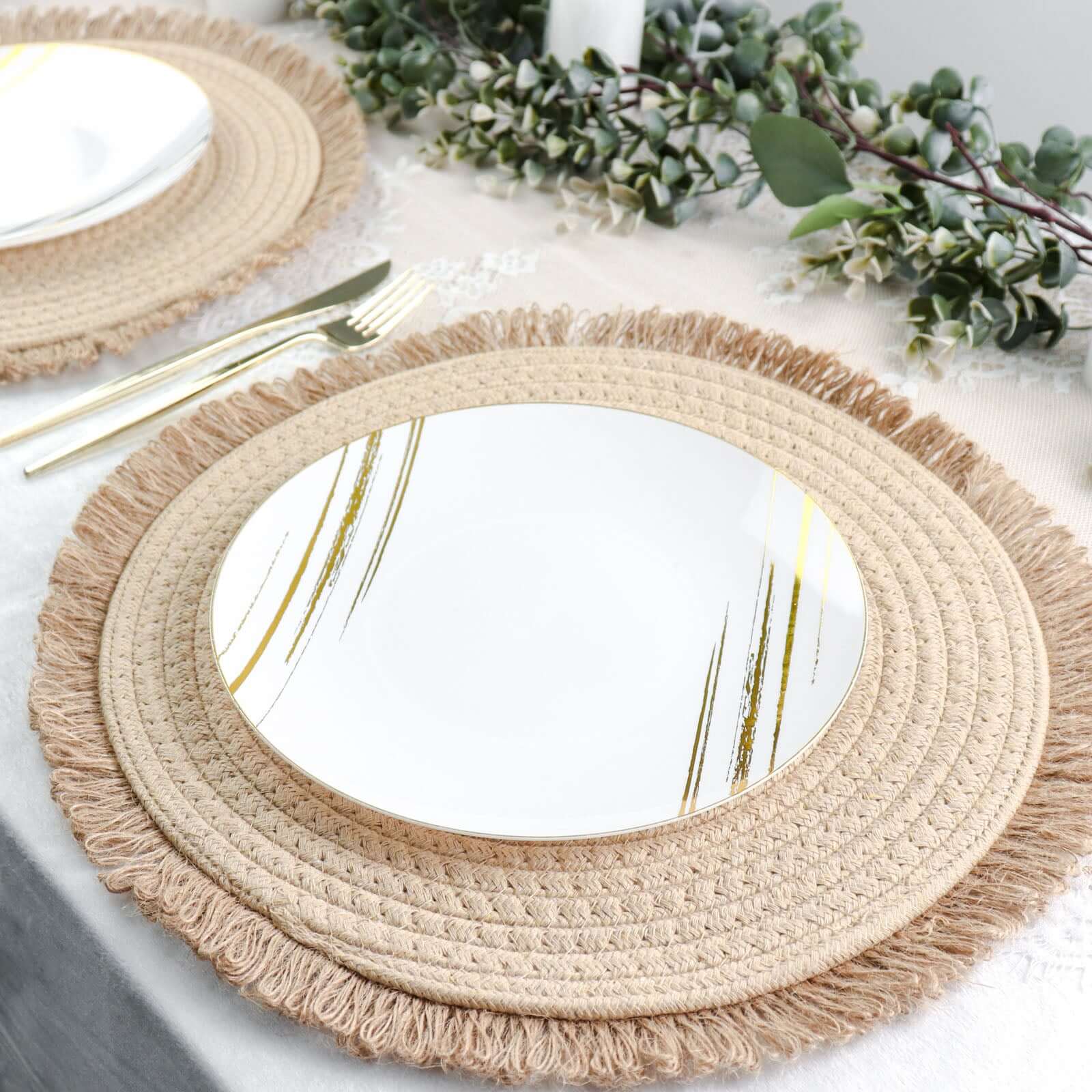 4 - Pack Placemats Fringed Edge Design Natural Rustic Burlap Jute Round - Farmhouse Style Table Mats with Trim 15" - Bell Racket Store
