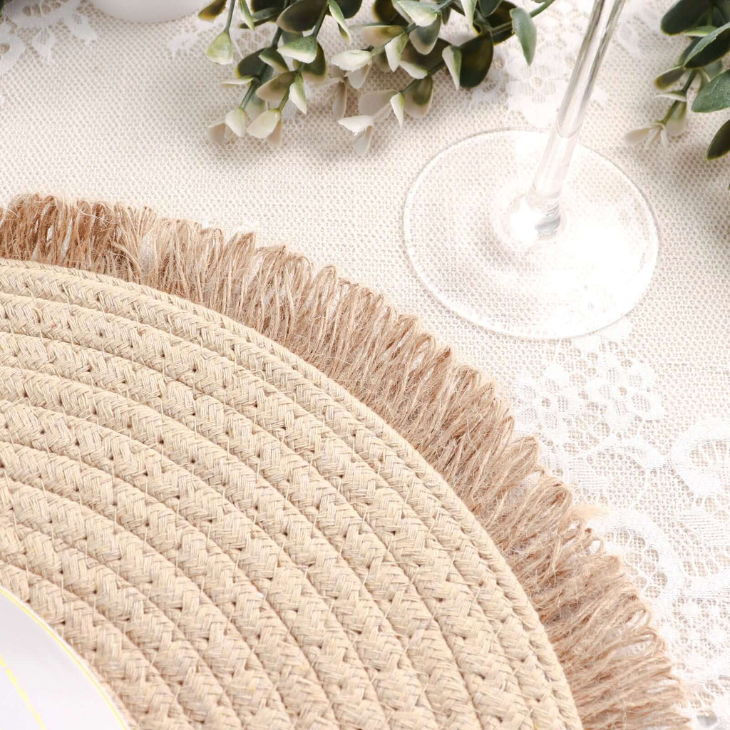 4 - Pack Placemats Fringed Edge Design Natural Rustic Burlap Jute Round - Farmhouse Style Table Mats with Trim 15" - Bell Racket Store