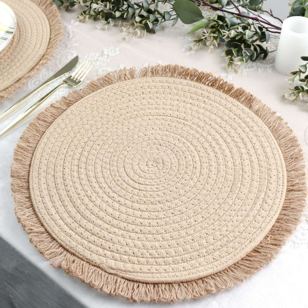 4 - Pack Placemats Fringed Edge Design Natural Rustic Burlap Jute Round - Farmhouse Style Table Mats with Trim 15" - Bell Racket Store
