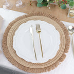 4 - Pack Placemats Fringed Edge Design Natural Rustic Burlap Jute Round - Farmhouse Style Table Mats with Trim 15" - Bell Racket Store
