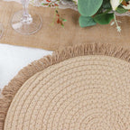 4 - Pack Placemats Fringed Edge Design Natural Rustic Burlap Jute Round - Farmhouse Style Table Mats with Trim 15" - Bell Racket Store