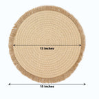 4 - Pack Placemats Fringed Edge Design Natural Rustic Burlap Jute Round - Farmhouse Style Table Mats with Trim 15" - Bell Racket Store