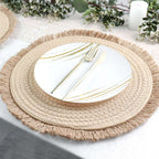 4 - Pack Placemats Fringed Edge Design Natural Rustic Burlap Jute Round - Farmhouse Style Table Mats with Trim 15" - Bell Racket Store