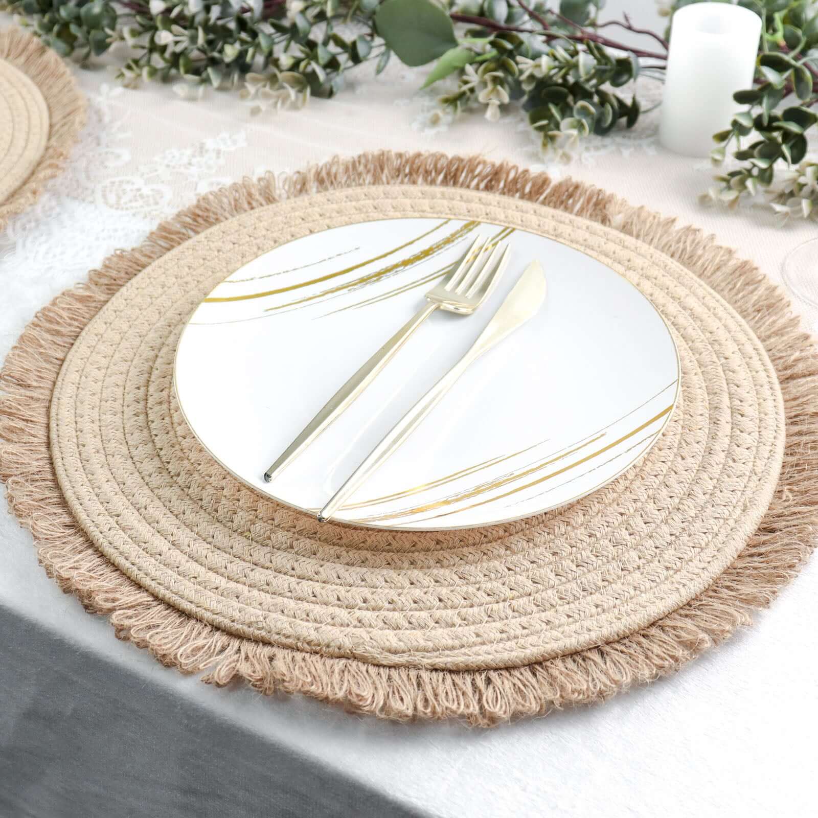 4 - Pack Placemats Fringed Edge Design Natural Rustic Burlap Jute Round - Farmhouse Style Table Mats with Trim 15" - Bell Racket Store
