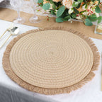 4 - Pack Placemats Fringed Edge Design Natural Rustic Burlap Jute Round - Farmhouse Style Table Mats with Trim 15" - Bell Racket Store