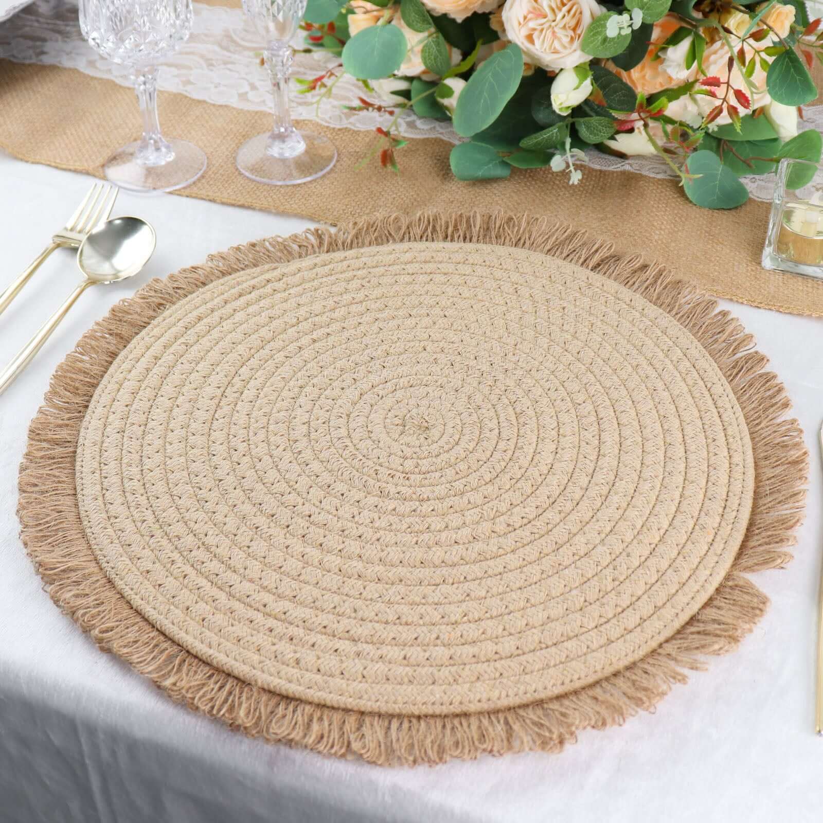 4 - Pack Placemats Fringed Edge Design Natural Rustic Burlap Jute Round - Farmhouse Style Table Mats with Trim 15" - Bell Racket Store