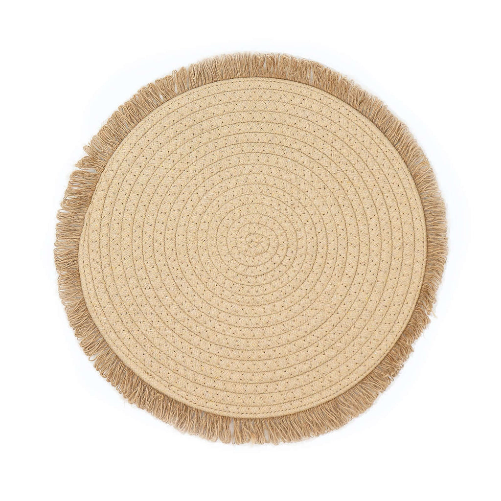 4 - Pack Placemats Fringed Edge Design Natural Rustic Burlap Jute Round - Farmhouse Style Table Mats with Trim 15" - Bell Racket Store