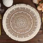 4 - Pack Placemats Mandala Print Fringe Design Natural Jute and White Round - Rustic Burlap Tassel Style 15" - Bell Racket Store