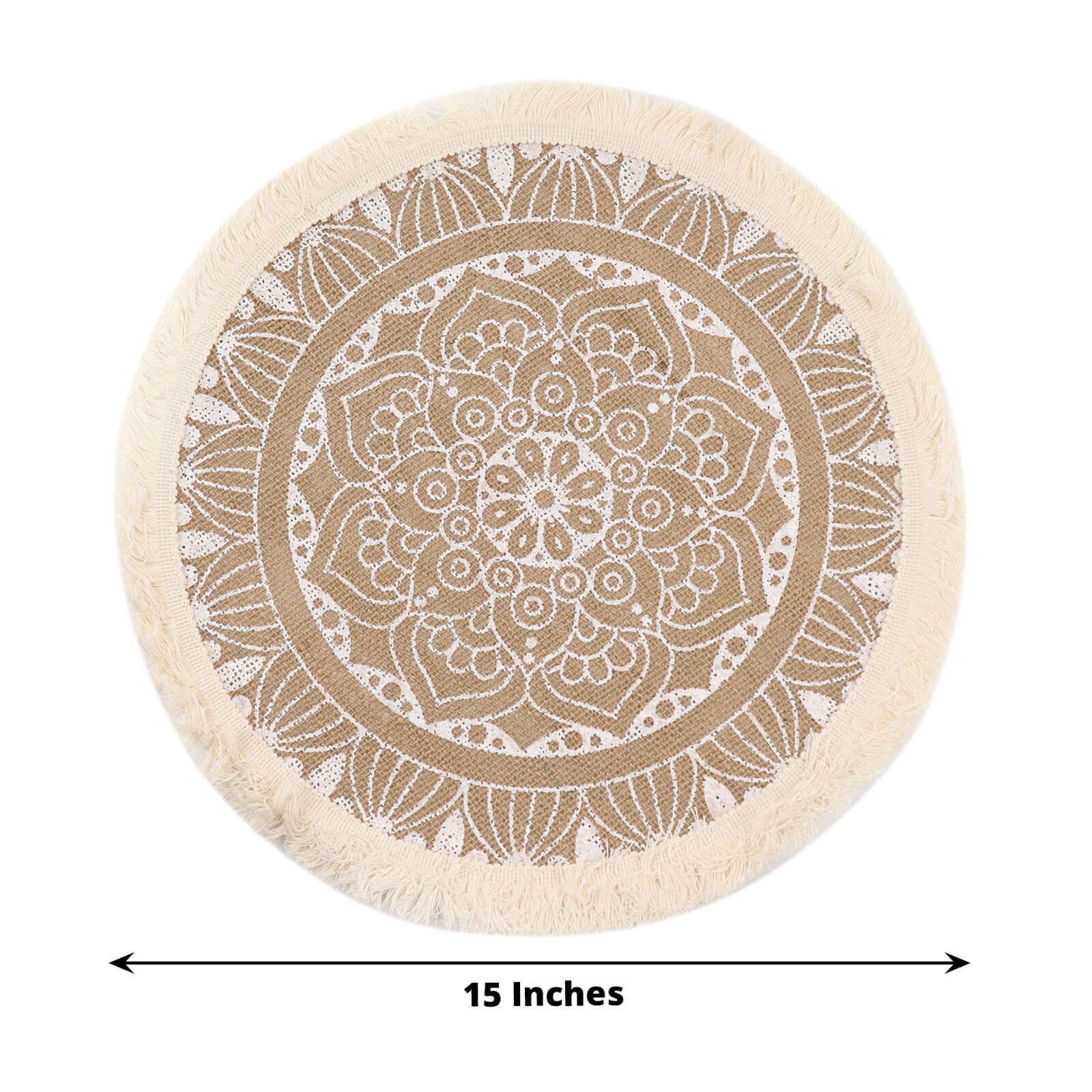 4 - Pack Placemats Mandala Print Fringe Design Natural Jute and White Round - Rustic Burlap Tassel Style 15" - Bell Racket Store