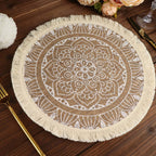 4 - Pack Placemats Mandala Print Fringe Design Natural Jute and White Round - Rustic Burlap Tassel Style 15" - Bell Racket Store