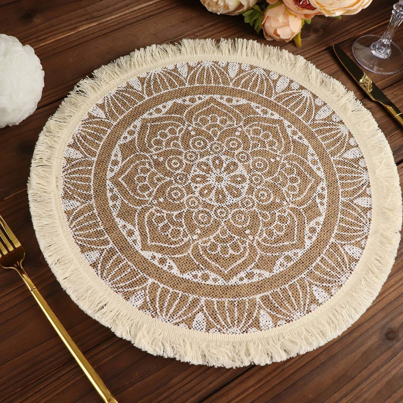 4 - Pack Placemats Mandala Print Fringe Design Natural Jute and White Round - Rustic Burlap Tassel Style 15" - Bell Racket Store