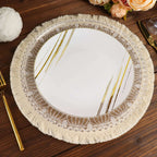 4 - Pack Placemats Mandala Print Fringe Design Natural Jute and White Round - Rustic Burlap Tassel Style 15" - Bell Racket Store