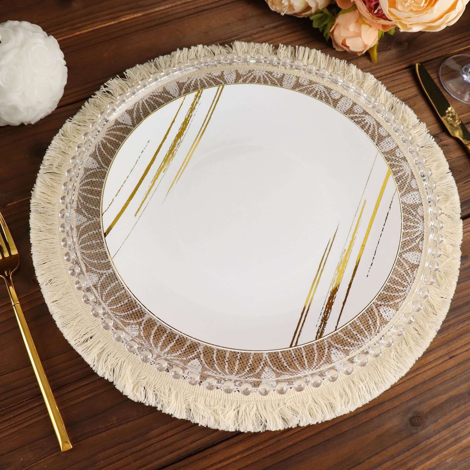 4 - Pack Placemats Mandala Print Fringe Design Natural Jute and White Round - Rustic Burlap Tassel Style 15" - Bell Racket Store