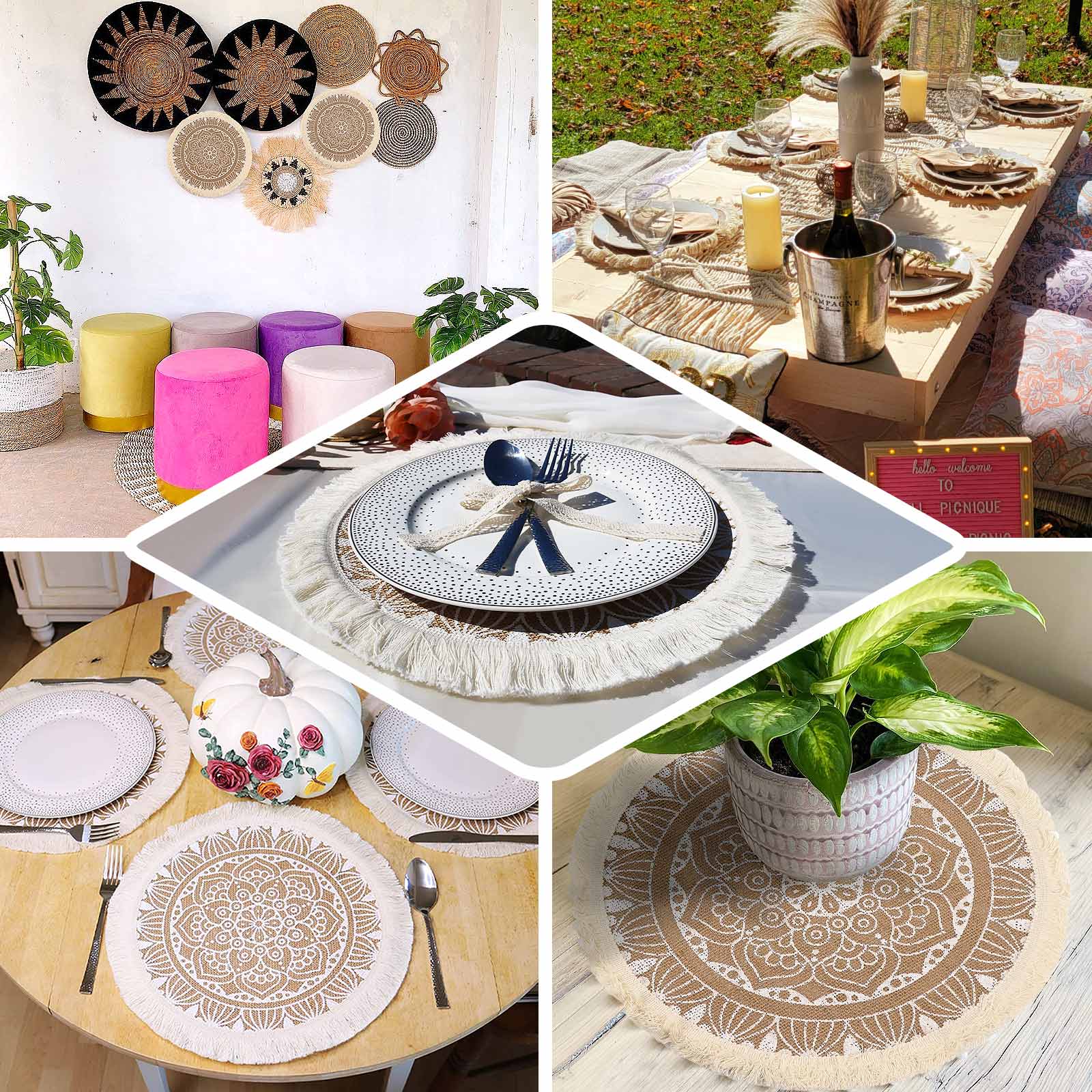 4 - Pack Placemats Mandala Print Fringe Design Natural Jute and White Round - Rustic Burlap Tassel Style 15" - Bell Racket Store