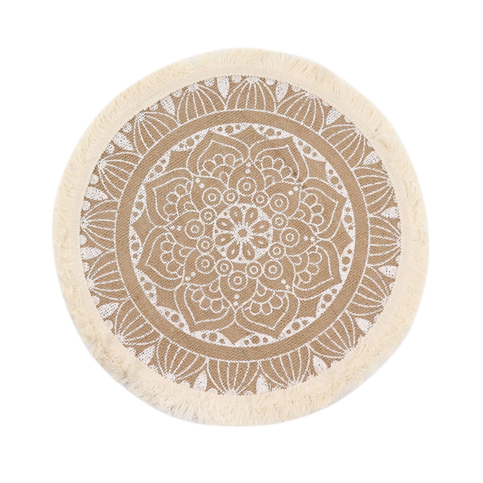 4 - Pack Placemats Mandala Print Fringe Design Natural Jute and White Round - Rustic Burlap Tassel Style 15" - Bell Racket Store