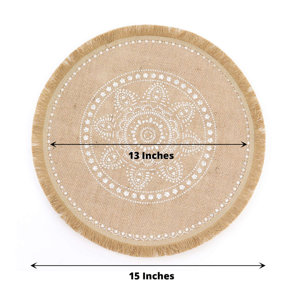 4 - Pack Placemats White Embroidery Print Design Natural Jute Fringe Round - Rustic Burlap Woven Style 15" - Bell Racket Store