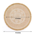 4 - Pack Placemats White Embroidery Print Design Natural Jute Fringe Round - Rustic Burlap Woven Style 15" - Bell Racket Store