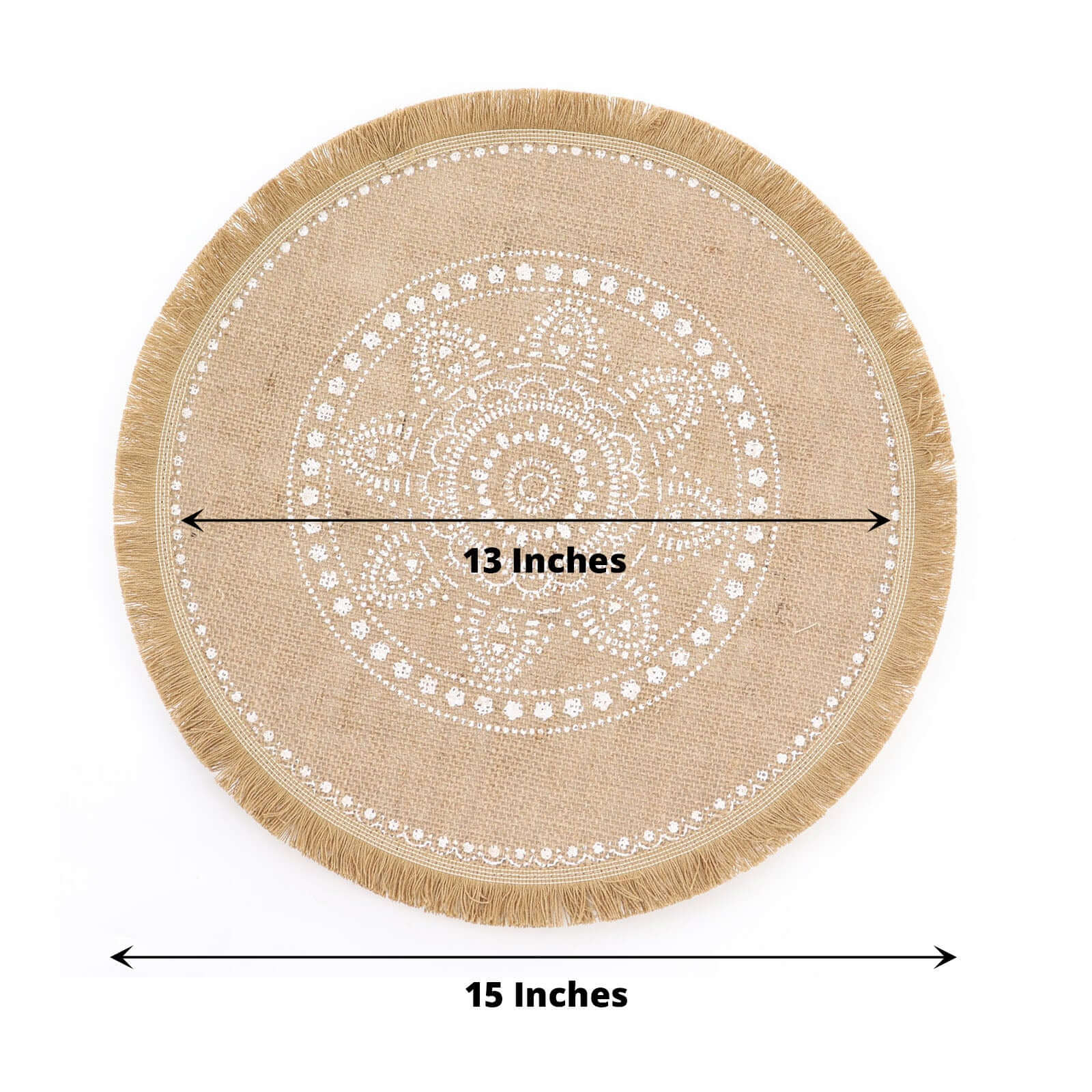 4 - Pack Placemats White Embroidery Print Design Natural Jute Fringe Round - Rustic Burlap Woven Style 15" - Bell Racket Store