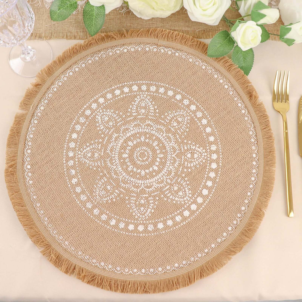 4 - Pack Placemats White Embroidery Print Design Natural Jute Fringe Round - Rustic Burlap Woven Style 15" - Bell Racket Store
