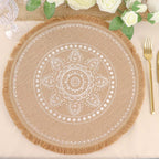 4 - Pack Placemats White Embroidery Print Design Natural Jute Fringe Round - Rustic Burlap Woven Style 15" - Bell Racket Store