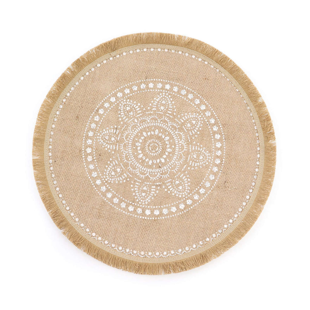 4 - Pack Placemats White Embroidery Print Design Natural Jute Fringe Round - Rustic Burlap Woven Style 15" - Bell Racket Store
